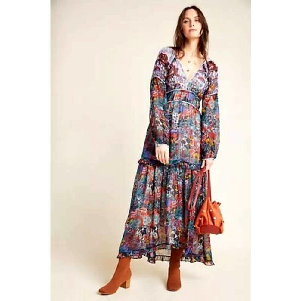 Anthropologie Maeve Annabella Tiered Ruffled Maxi Boho Dress Red Purple Size 12.